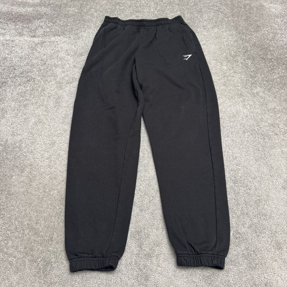 Gymshark Crest Fleece Joggers Mens Small Black Embroidered Logo Drawstring Fit